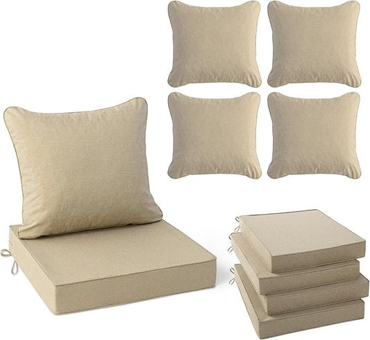 Summsun Outdoor Chair Cushions Set of 4, Faux Linen Patio Furniture Cushions, Water Resistant Backrest and Deep Seat Cushion Set with Straps, Removable Cover, Non-Slip Bottom, 22 x 22 Inch, Nature