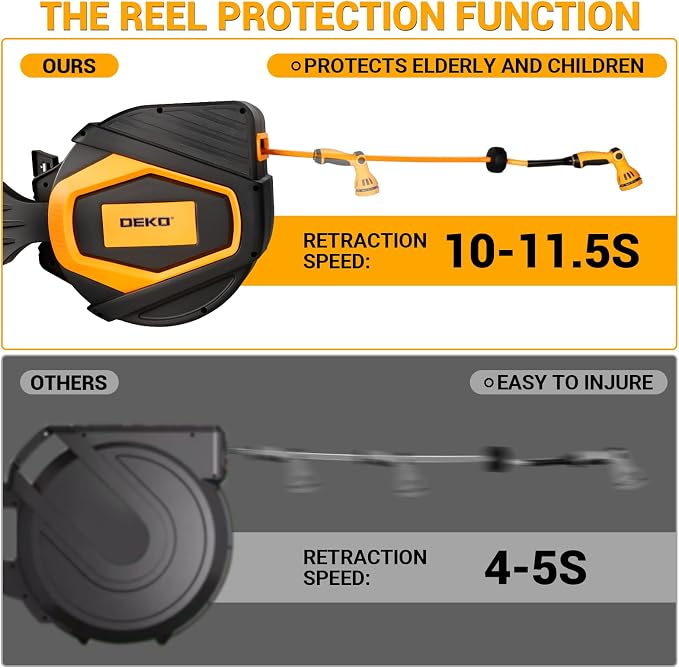 Retractable Garden Hose Reel:100 ft x 1/2 inch, Garden Hose Reel with 9-Pattern Nozzle, 180°Swivel Bracket Wall-Mounted, Automatic Rewind, Lock at Any Length, with Slow Return System
