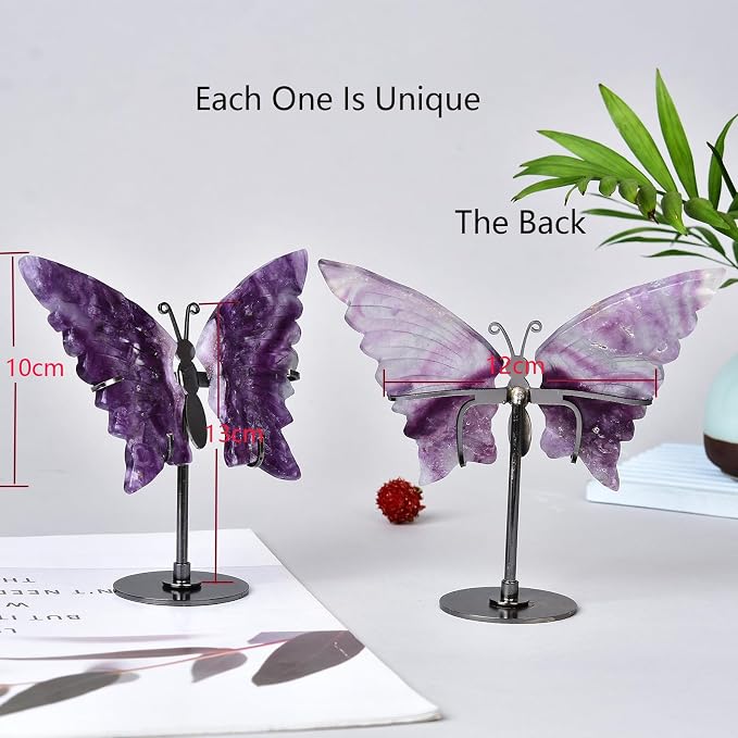 JIC Gem Purple Fluorite Crystals and Stones Crystal Butterfly Art Angel Wings Sculpture Carving,Healing Crystal Ornaments Energy Decorative Stone Reiki Gifts (1pair, 10cm)
