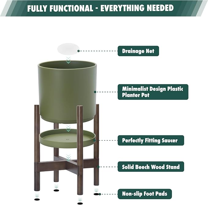 D'vine Dev Planter Pot with Stand - 8 Inch Plastic Cylinder Flower Pot with Wood Planter Holder for Indoor, Olive Pot + Walnut Color Stand, 55-C-I-3