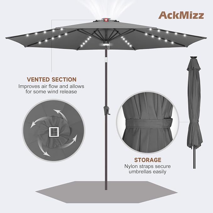 10FT Solar Umbrella Outdoor - Lighted Solar Patio Umbrella with 40 LED Lights Waterproof UV Protection, Table Umbrella with Tilt for Pool, Porch, Garden, Deck, Backyard (Anthracite)