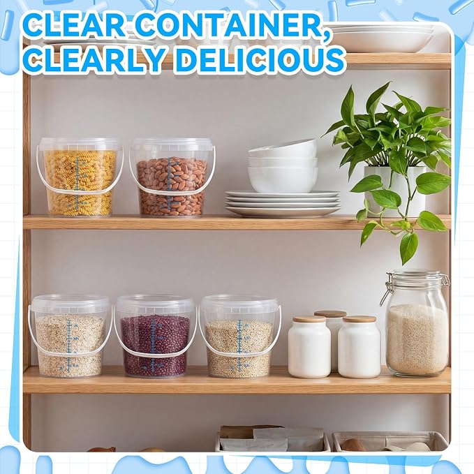 5 Pack 1 Gallon Clear Bucket with Lid Plastic Food Storage Containers for Kitchen Pantry, Meal Prep, Snack, Rice, Flour, Pet Food-Transparent Bucket with Scale Marks, 4 Quart