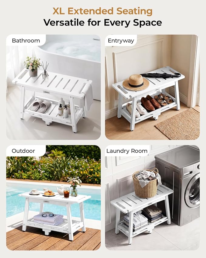 28" Extra Large Shower Bench, HDPE Waterproof Shower Chairs Seat, Adjustable and Non-Slip Feet, Shower Stool for Inside Shower to Sit On, Indoor/Outdoor Use, As Porch Bench, Garden Entryway, White