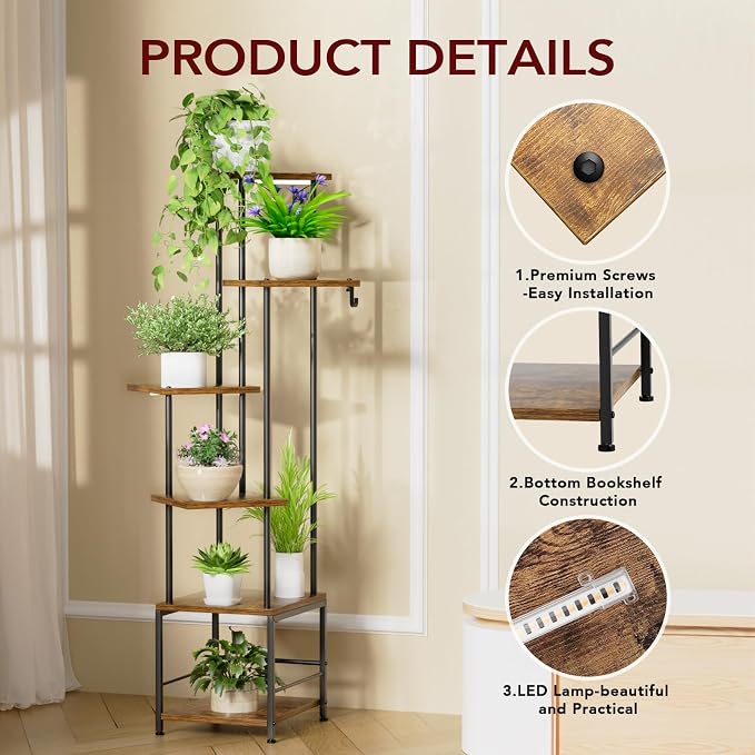 Homsorout Plant Stand Indoor with Grow Light - 6-Tier Metal Plant Shelf with Hanging Basket Hook, Corner Tall Flower Holder for Multiple Plants, Living Room Balcony Garden Patio, Rustic Brown