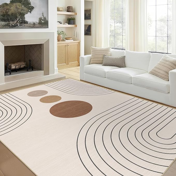 Area Rug 6x9 Boho Modern Minimalist Geometric Abstract Rug Neutral Beige Mid Century Modern Rug for Living Room Machine Washable Non-Slip Printed Low Pile Indoor Carpet for Bedroom Dining Room Office