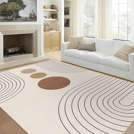 Area Rug 5x7 Boho Modern Minimalist Geometric Abstract Rug Neutral Beige Mid Century Modern Rug for Living Room Machine Washable Non-Slip Printed Low Pile Indoor Carpet for Bedroom Dining Room Office
