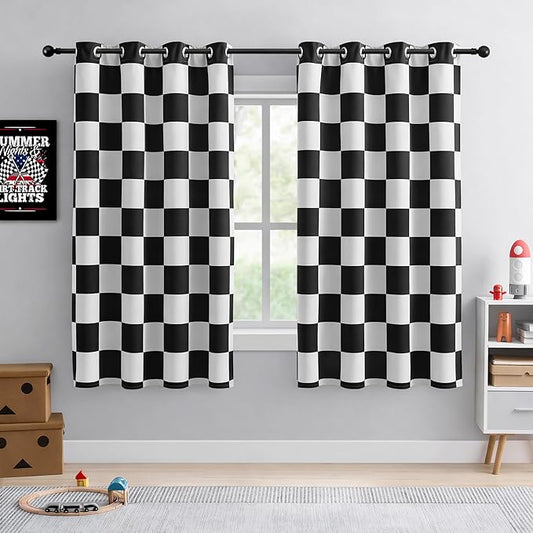 100% Blackout Curtains – Black and White Checkered Race Flag Pattern, 2 Panels, Each W52×L72, Thermal Insulated, Nosie Reducing for Bedroom, Living Room, Race car Drapes