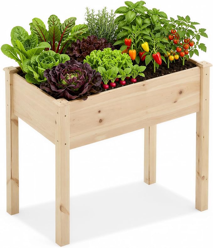 DUMOS Raised Garden Bed 34x18x30 Inch, Outdoor Planter Box with Legs, Elevated Wood Garden Bed with Liner for Herbs Flowers Vegetables, Wooden Planter Box for Patio, Balcony, Backyard, Natural Wood
