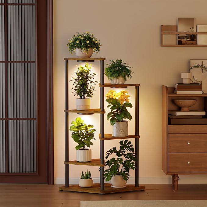iDavosic.ly Tall Plant Stand with Grow Lights for Large & Heavy Duty Planters, 5 Tier Indoor Corner Flower Shelf with Wooden Trays & Metal Frame, Orchid Rack for Living Room Balcony, Black & Brown