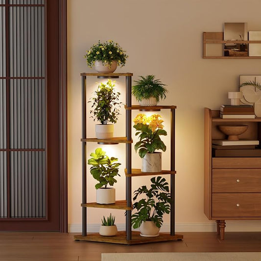 iDavosic.ly Tall Plant Stand with Grow Lights for Large & Heavy Duty Planters, 5 Tier Indoor Corner Flower Shelf with Wooden Trays & Metal Frame, Orchid Rack for Living Room Balcony, Black & Brown