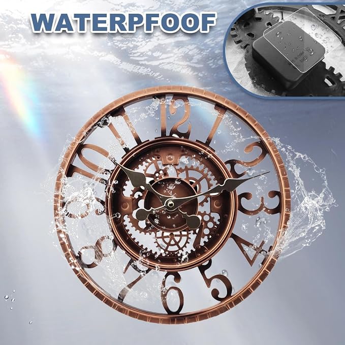 Outdoor Wall Clock for Garden, Patio and Deck, 12in Garden Clock Waterproof Clocks -Not Silent (Red Copper)