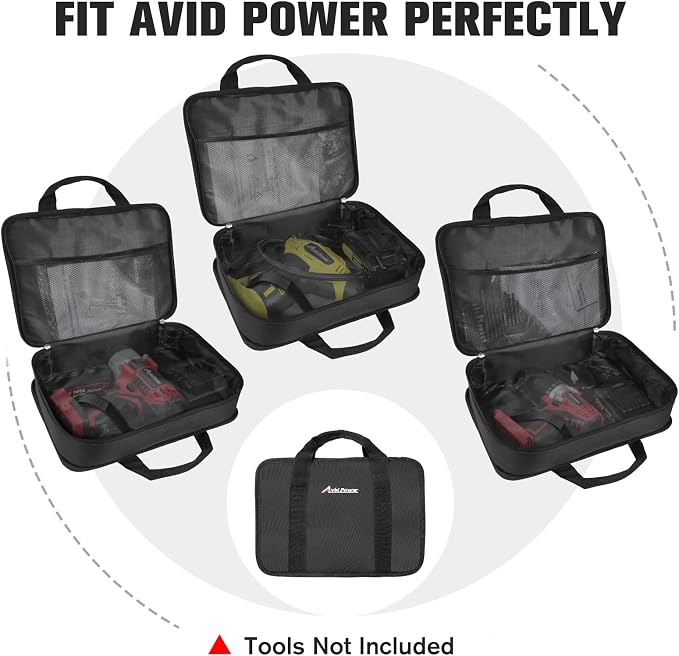 AVID POWER Tool Bag, 12 Inch Tool Storage Carrying Case, Suitable for Cordless Drill, Tire Inflator, Impact Wrench, Soft Canvas Power Tool Pouch with Mesh Dividers & Double Zipper