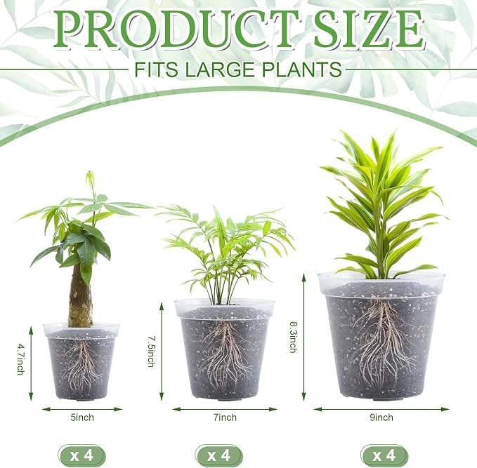 Vesici 12 Pcs 5/7/9 Inch Large Thickened Clear Nursery Pots Variety Pack Plant Pots with Drainage Holes Planters for Indoor Plants Flexible Transparent Plastic Plant Bottle Succulents