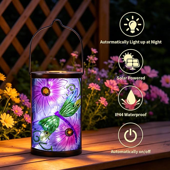 Solar Lantern Outdoor Waterproof Hanging Solar Lights Dragonfly Glass Decorative Lanterns for Outdoor Patio Lawn Outside Yard Garden Decor