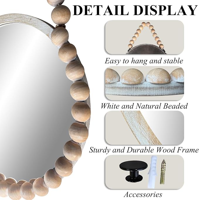 POZINO Wood Round Mirror, 28" Rustic Farmhouse Wall Hanging Mirror with Wooden Beaded Frame, Boho Circle Mirror for Entryway Bathroom Bedroom Living Room Hallway Fireplace