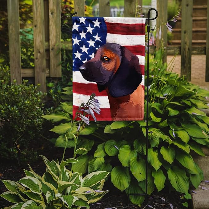 Caroline's Treasures CK6420GF Bavarian Mountain Hound American Flag Garden Flag Mailbox Flag Decorative Yard Flag Banner Outside Patio Artwork Yard Flower Beds, Garden Size, Multicolor