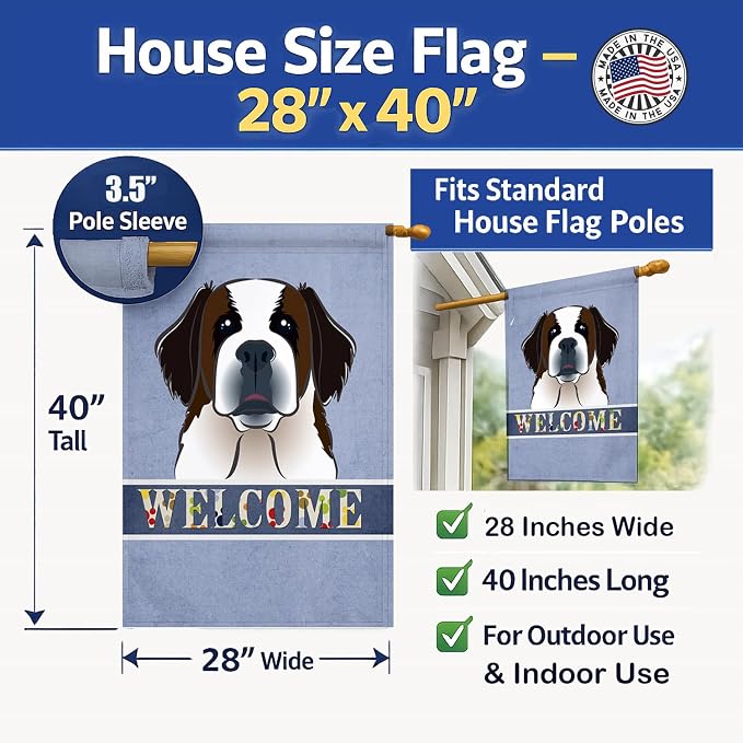 Caroline's Treasures BB1432CHF Saint Bernard Welcome House Flag, Blue Large Porch Sleeve Pole Decorative Outside Yard Banner Artwork Wall Hanging, Polyester, House Size, Multicolor