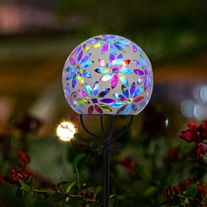 VCUTEKA Decorative Solar Garden Lights, 6" Mosaic Globe Outdoor Stake | Mosaic Glass Design, Solar LED Light, Weather Resistant, Auto On/Off and Metal Stake Design For Lawn and Patio, Multi
