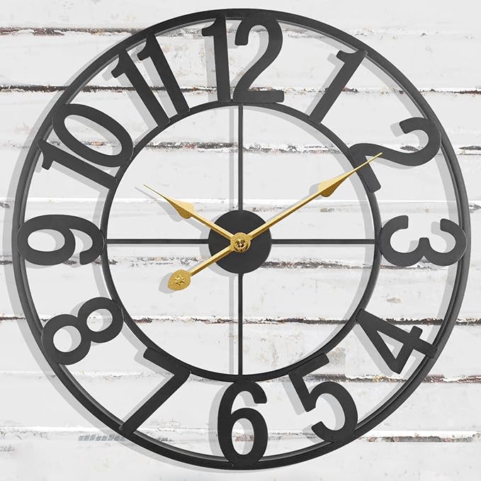 Large Outdoor Clock, 16 Inch Outdoor Wall Clock Battery Operated, Modern Black Metal Decorative Clock for Patio, Pool Area, Kitchen, Garden, Deck, Farmhouse, Living Room