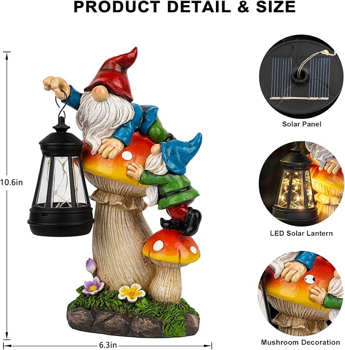C&Y&G&X Solar Garden Gnome Statue with Lantern, Waterproof Mushroom Garden Decor, Resin Gnome Yard Art with Solar LED Lights for Outdoor Lawn Patio Porch, Gifts for Mom Grandma Garden Lovers