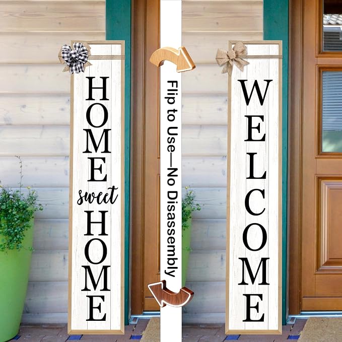 Outdoor 2in1 Welcome Sign for Front Door Home Sweet Home Sign for Farmhouse Tall Outdoor Front Porch Standing 2 Sided 45"X9" Large Vertical Leaner Rustic Outside Decor (Wood White)