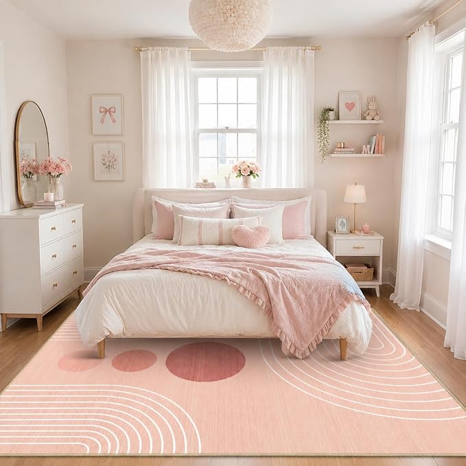 Area Rug 5x7 Boho Modern Minimalist Geometric Abstract Rug Pink Mid Century Modern Rug for Living Room Machine Washable Non-Slip Printed Low Pile Indoor Carpet for Bedroom Dining Room Office Pink
