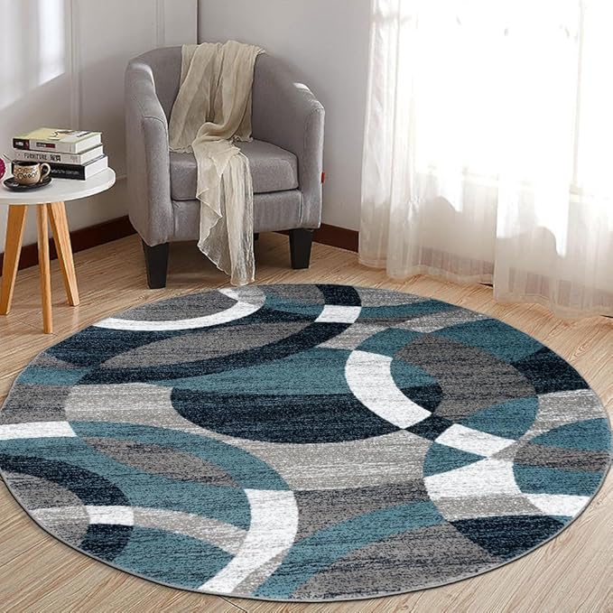 Rugshop Abstract Circles Contemporary High Traffic Round Rug Blue 6'6" | Round, Living Room, Bedroom, Dining Room, Home Office, Kitchen, Entryway, Hallway, Nursery, Kids Room, Guest Room