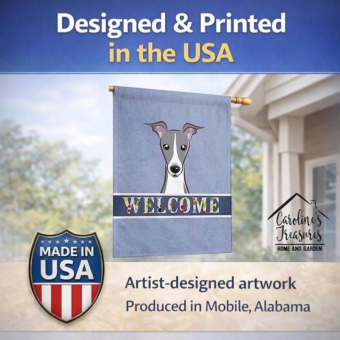 Caroline's Treasures BB1422CHF Italian Greyhound Welcome House Flag, Blue Large Porch Sleeve Pole Decorative Outside Yard Banner Artwork Wall Hanging, Polyester, House Size, Multicolor