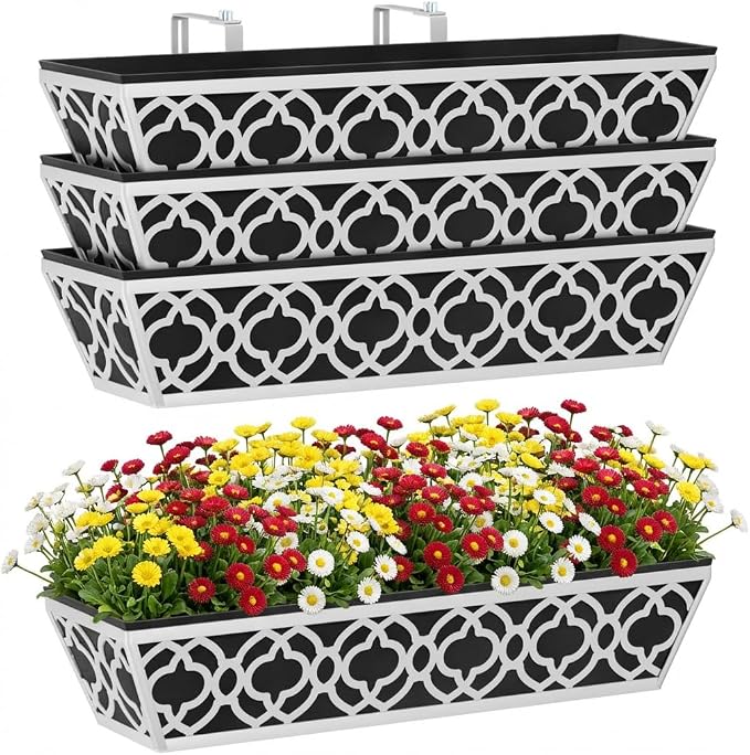 Y&M 24'' Railing Planter Box Set with Black Non-Woven Liner, Gray Metal Large Hanging Flower Boxes with Adjustable Brackets for Fence, Deck, Balcony, and Garden - 4 Pcs