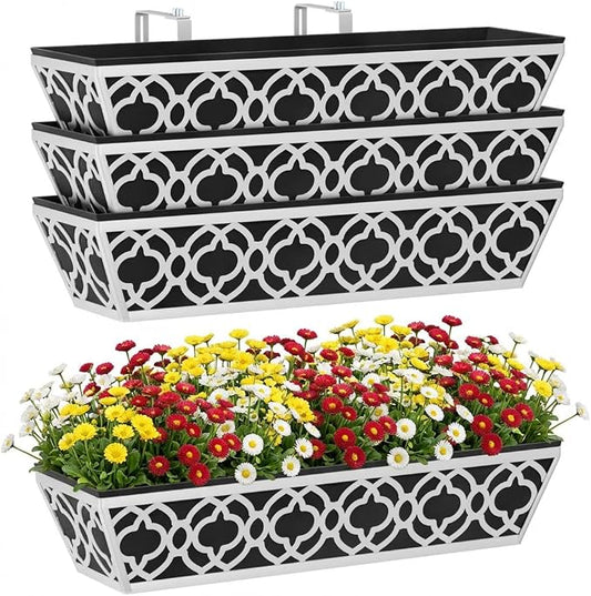 Y&M 24'' Railing Planter Box Set with Black Non-Woven Liner, Gray Metal Large Hanging Flower Boxes with Adjustable Brackets for Fence, Deck, Balcony, and Garden - 4 Pcs
