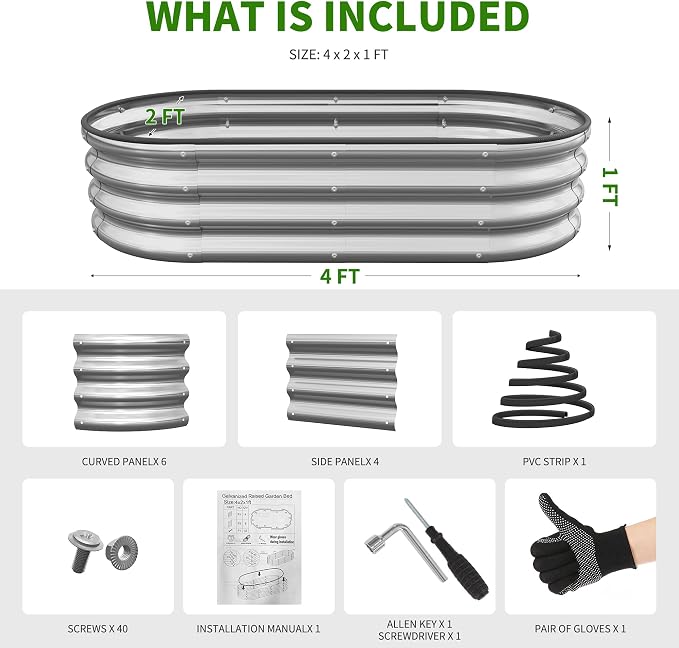 Metal Raised Garden Bed Kit, 4×2×1ft Outdoor Planter Boxes with Easy Assembly, Oval Large Galvanized Gardening Raised Bed for Vegetables, Fruits, Flower Silver
