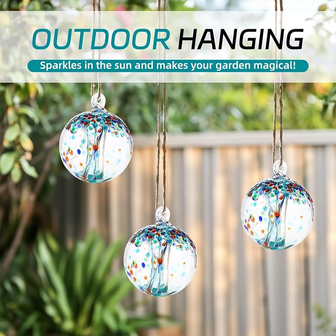 VOREEN 4" Hanging Glass Garden Gazing Ball Hand Blown Glass Witch Ball Christmas Ornament Friendship Balls for Outdoor Garden Patio Window Home Décor, Gift for Mom Wife Friend, Teal Blue