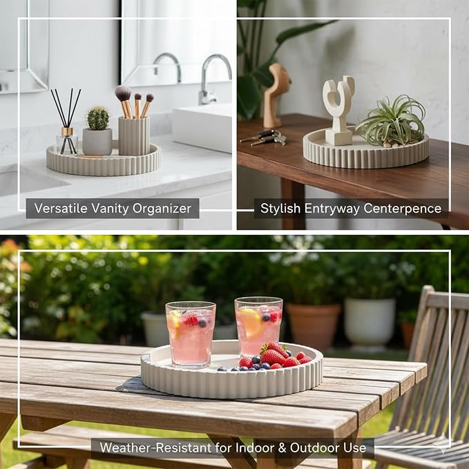 13" Round Concrete Decorative Centerpiece Tray for Coffee Table Grey | Modern minimalist centerpiece tray for coffee table, living room, dining & office storage display, sturdy tabletop home decor