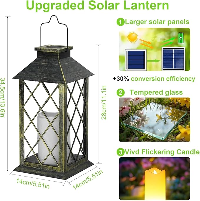 2 Pack 14" Large Tempered Glass Solar Lanterns Outdoor Waterproof, Hanging Solar Lights with Flickering Flameless Candles, Solar Lantern for Wall Porch Patio Table Garden Decoration-Bronze