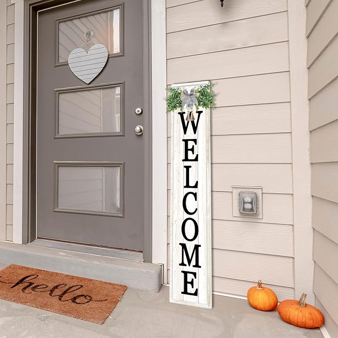flowtorely Outdoor Welcome Sign for Front Porch Standing 45"×9" Tall Vertical Wood Frame Front Door Long Leaner farmhouse Outside Rustic Large Welcome Signs Vintage Home Decorations (White)
