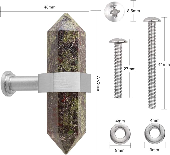 mookaitedecor Set of 2 Dragon Blood Jasper Double Crystal Points Drawer Knobs with Screws, Decorative Stone Cabinet Handle Pulls for Dresser Cupboard Kitchen Decor, Brushed Stainless Steel