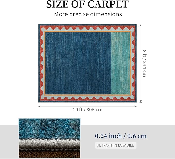 Mid-Century Washed Style Area Rug 8x10, Washable Carpet for Living Room, Non-Slip Low Pile Soft Rug for Bedroom, Kitchen, Entryway, Retro Teal