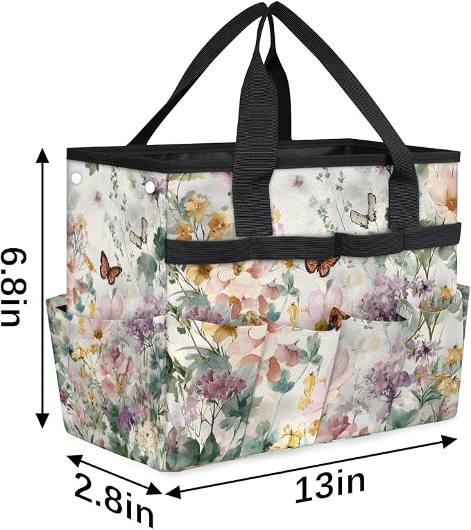 Garden Tote Bag with 10 Pockets Butterfly Heavy Duty Gardening Bags for Tools Organizer Storage Bag with Handle for Garden Lawn Yard Casual