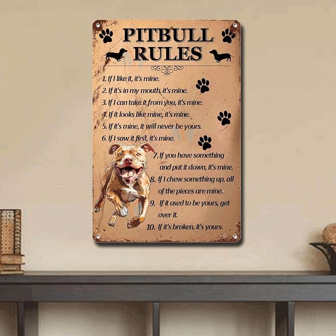 Metal Sign Tin Sign Vintage Wall Art Pitbull Rules Tin Signs for Garden for Pub 12×16 Inches