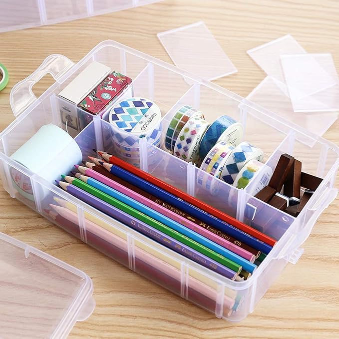 Sooyee 5 Layers Stackable Storage Container Clear 50 Adjustable Compartments, Compatible with Small Toys Arts and Crafts Piping Tips Hardware Storage Organizer
