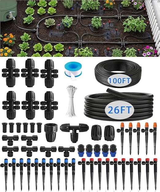 1/2" Drip Irrigation System Kit with 30 Adjustable Nozzles, PE UV-Resistant | Quick-connect, 2X Lifespan of PVC , Leak-Proof for Indoor Pots, 26FT 1/2" Main tube+ 100FT 1/4" Tube, 4 Nozzle Types
