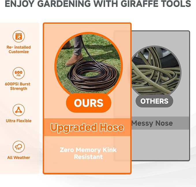 Giraffe Tools Garden Hose 5/8", Custom Length, Heavy Duty, No Kink, Flexible, Rubber Garden Hose, Leakproof Water Hose, 600 Burst PSI, 100ft Male to Female Hose