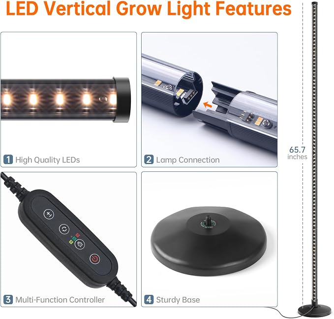 Bstrip Standing Grow Light for Indoor Plants, Vertical Grow Light with 3 Light Modes, Wide Illumination and Dimmable, T10 Full Spectrum Grow Lights, 16in-65in Adjustable Height & Auto Timer