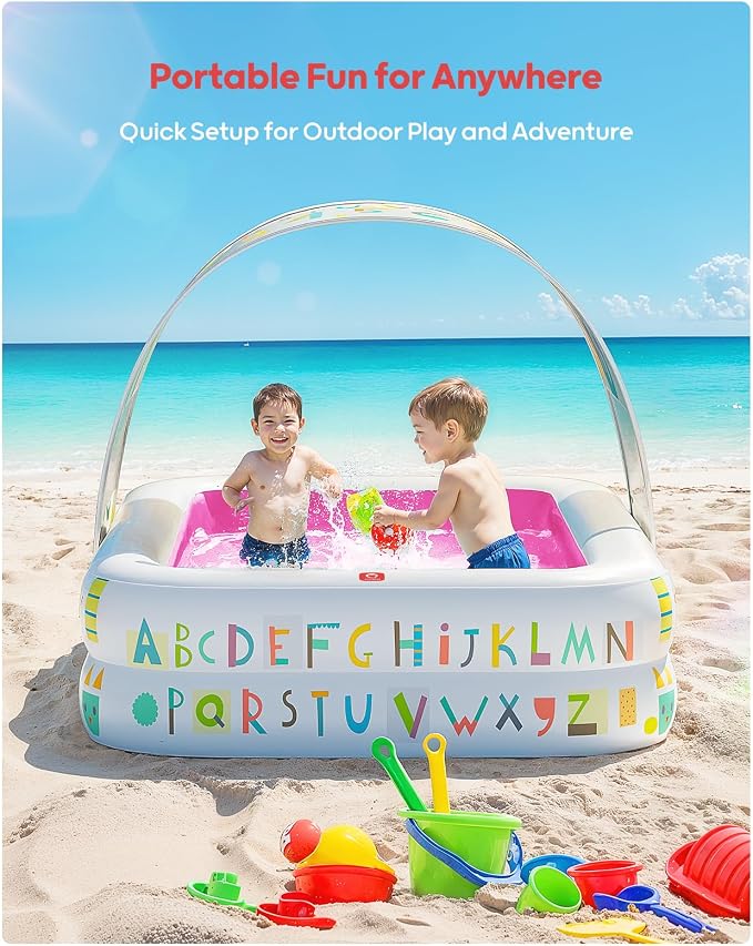 QPAU Baby Pool with Canopy, Inflatable Design, 65 x 39 in, Pink | Inflatable Design with Soft Cushioned Floor, Converts to a Ball Pit for Kids and Toddlers, for Indoor and Backyard Play