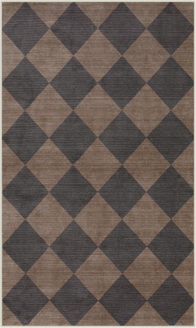 Beeiva Checkered Print Entry Rug 3x5, Non Slip Washable Kitchen Rug 3x5 Stain Resistant Ultra Thin Bathroom Decor, Neutral Geometric Carpet for Bedroom Living Room Office (Brown/Black)
