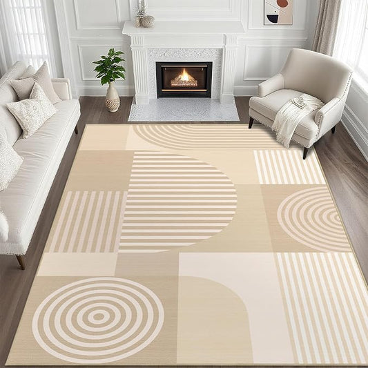9x12 Area Rug for Living Room Beige Geometric Rug Machine Washable White Minimalist Mid Century Modern Area Rugs Non Slip Low Pile Large Dining Room Floor Carpet for Bedroom Office,Beige