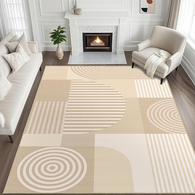 8x10 Area Rug for Living Room Beige Geometric Rug Machine Washable White Minimalist Line Mid Century Modern Area Rugs Non Slip Low Pile Large Dining Room Indoor Floor Carpet for Bedroom Office,Beige