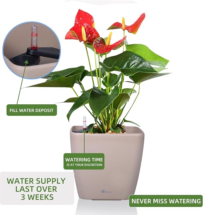 Dexceder 9x8 Self Watering Planter (Taupe Matte) | Inner Mat Design, Thickened Table Flower Plant Pot with Water Level Indicator Indoor Outdoor