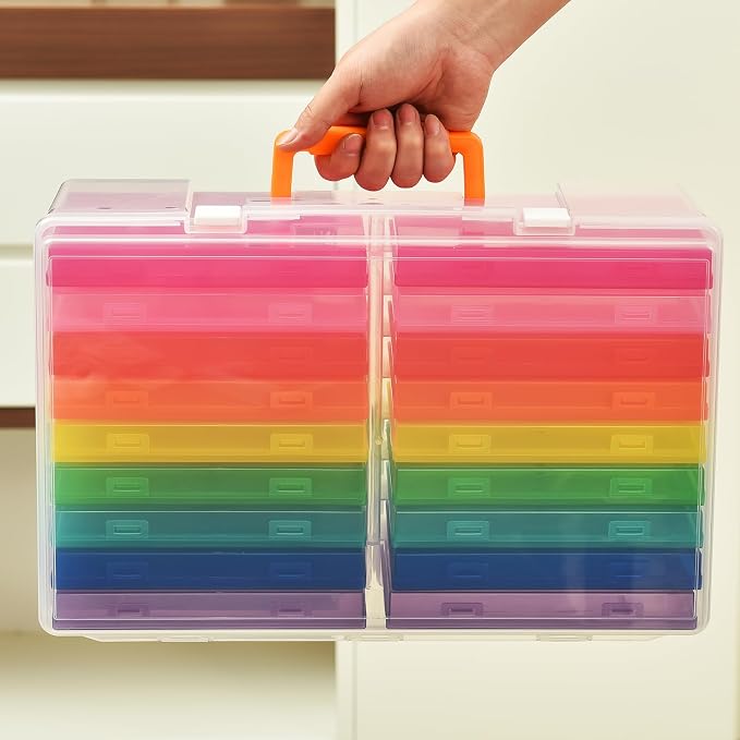 ALINK Photo Storage Box 5" x 7" with Handle, 18 pcs Inner Photo Containers Organizer and Craft Keeper, Portable Picture Case with Label for Seed, Arts, Crafts, Sewing, Stickers, Office - Colorful