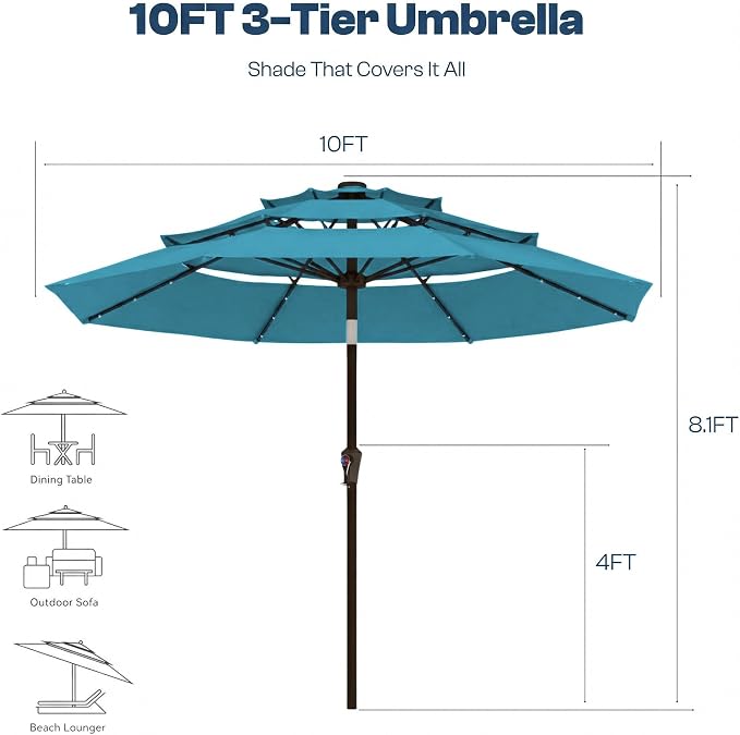 10ft 3-Tier Patio Umbrella with 32 Solar Powered LED Lights, Windproof Outdoor Market Umbrella for Deck, Poolside & Garden, Sturdy Push-Button Tilt Table Umbrella, Sky Blue